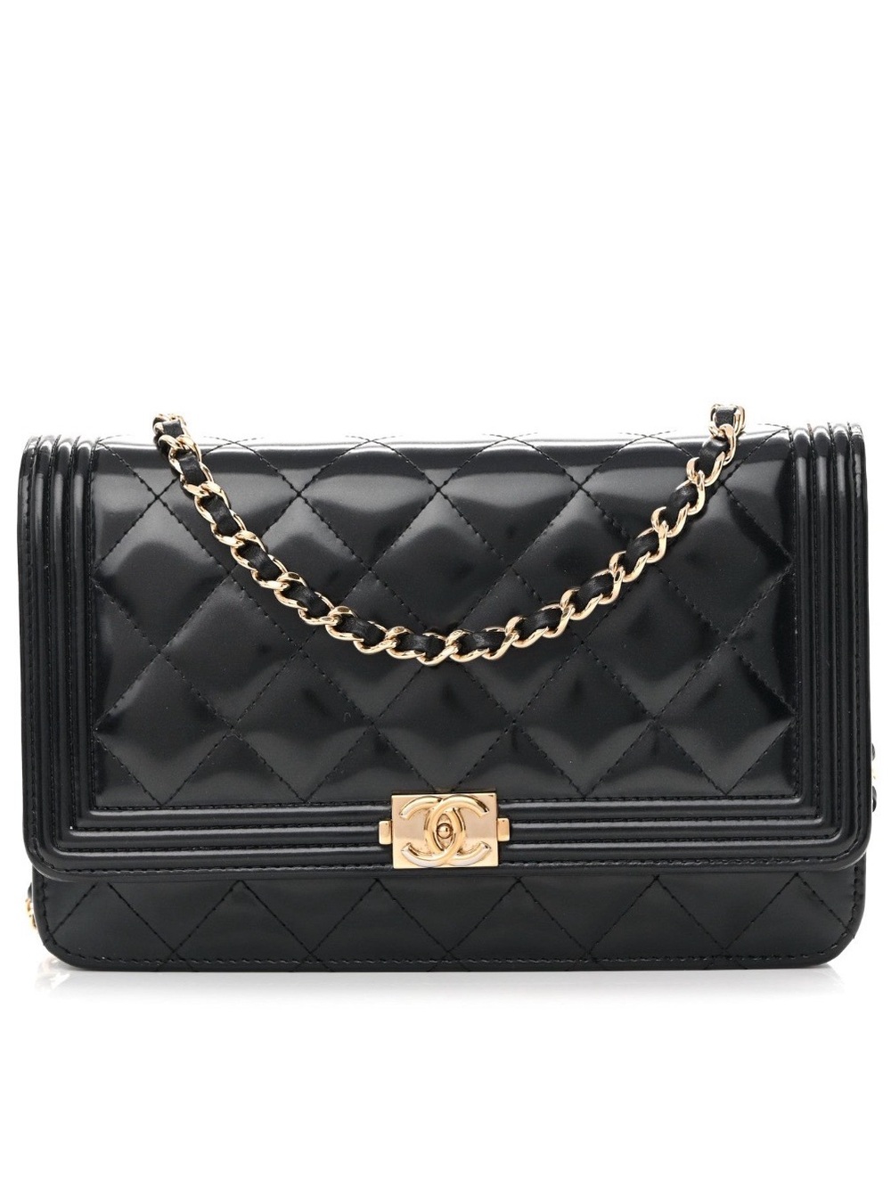 CHANEL Black Boy Quilted Leather Wallet on Chain with Gold Chain Strap